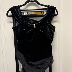 Black Velvet Draped Neck Bodysuit with Gold Ring Accent
